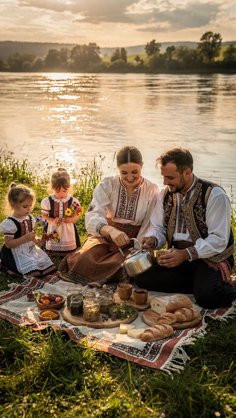 Tradičné slovenské čajové rituály s rodinou pri stole v útulnej izbe