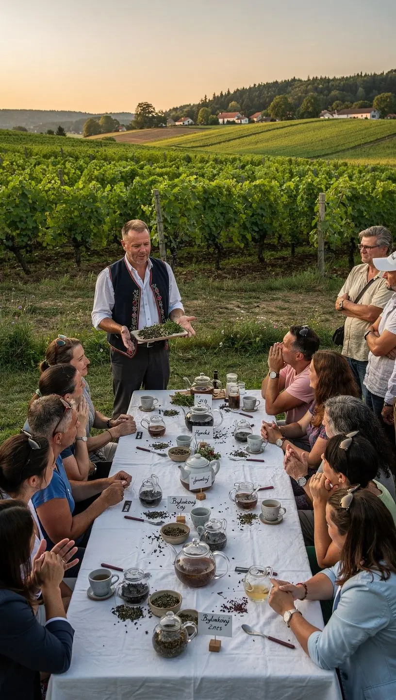 Zobrazenie rôznych bylinných zmesí v sklenených nádobách, vystavených na drevenom stole.